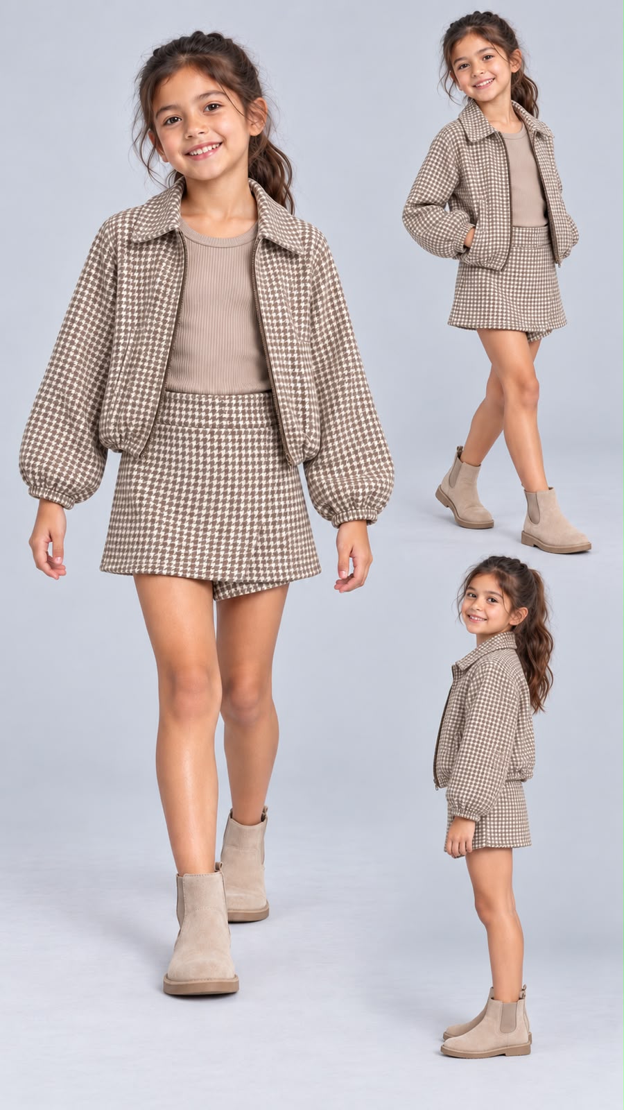 Conjunto para Niña de 3 Piezas Elegante | Chamarra, Blusa y Falda Short | Estampado Pata de Gallo 🤎