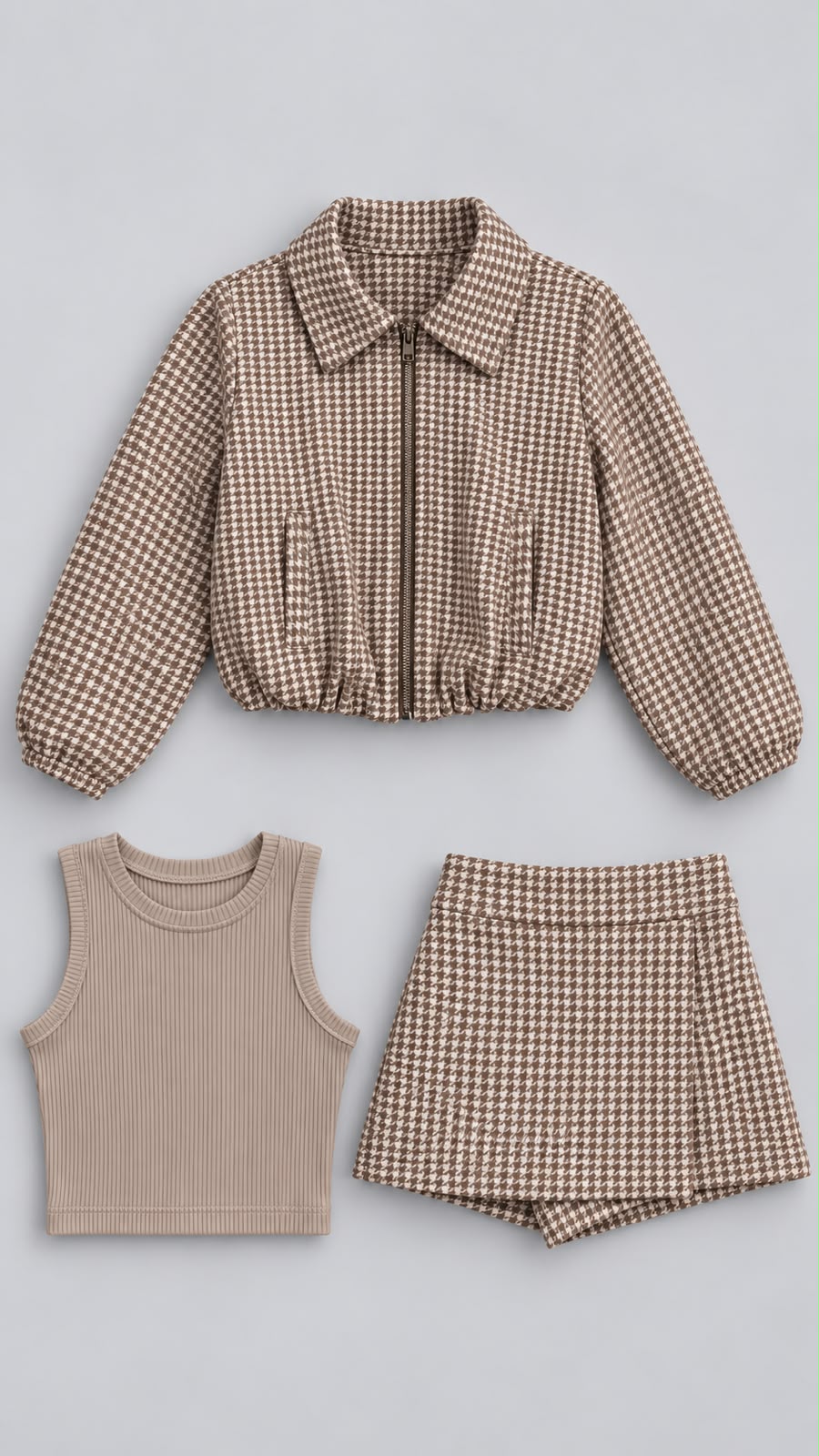 Conjunto para Niña de 3 Piezas Elegante | Chamarra, Blusa y Falda Short | Estampado Pata de Gallo 🤎