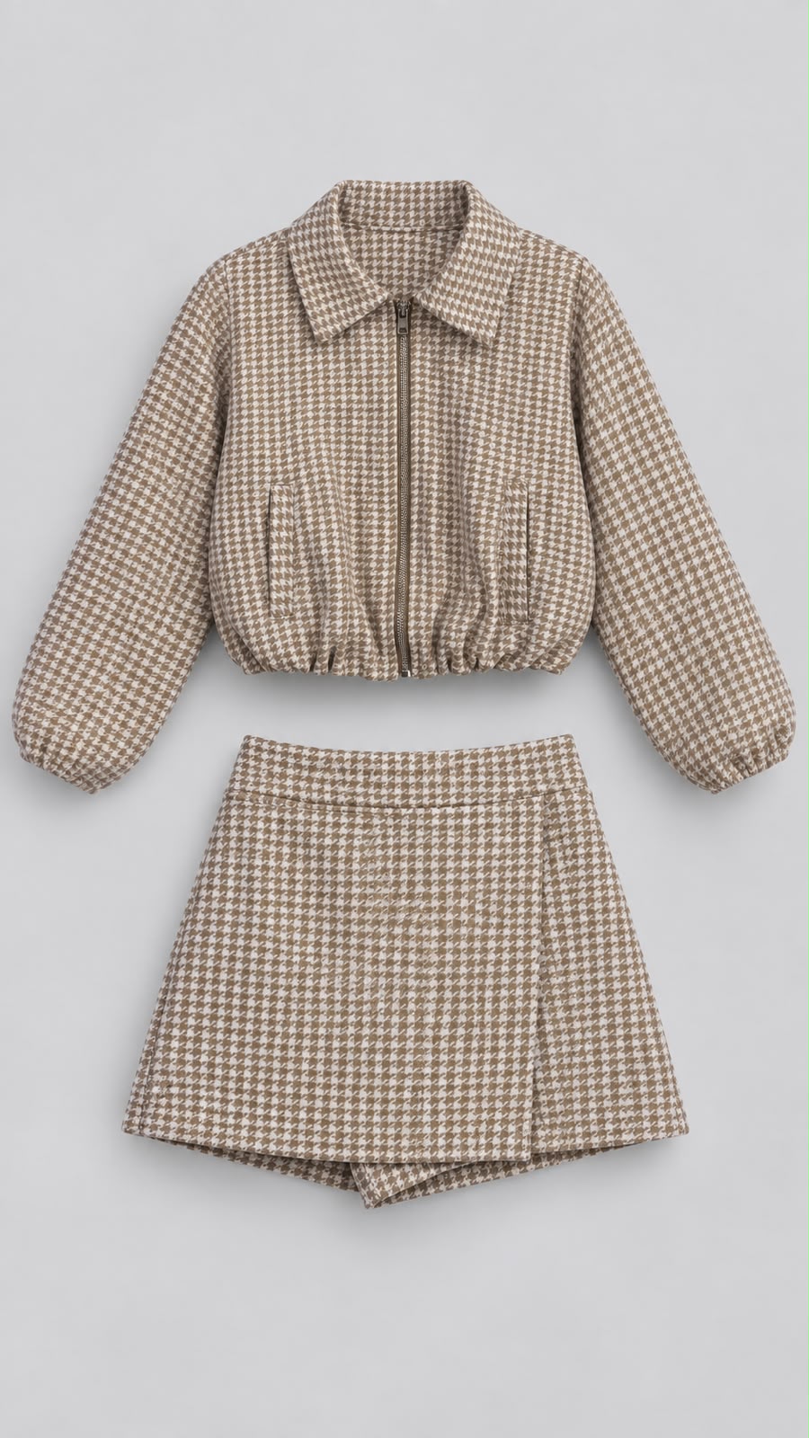 Conjunto para Niña de 3 Piezas Elegante | Chamarra, Blusa y Falda Short | Estampado Pata de Gallo 🤎