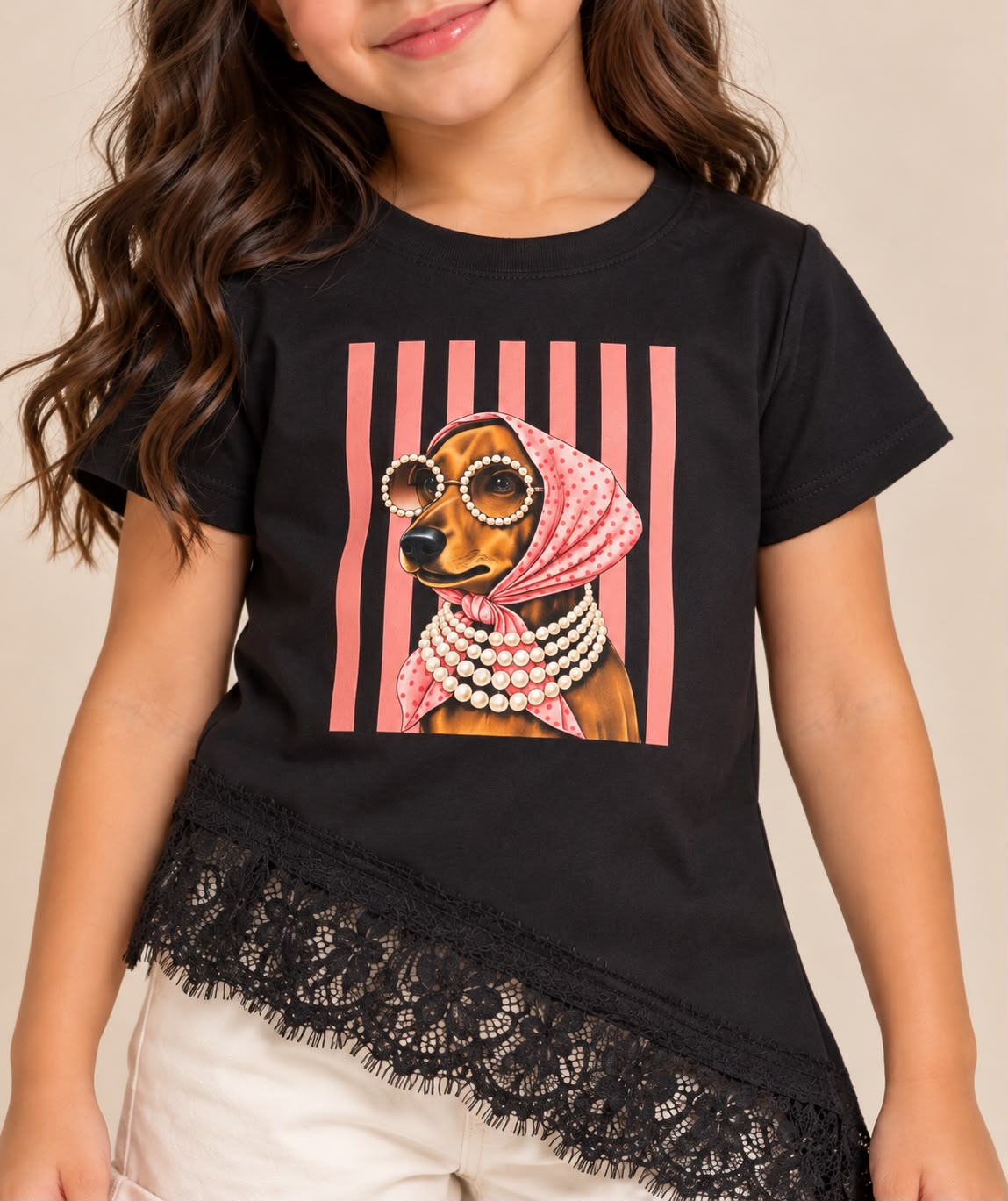 Blusa para Niña con Encaje Asimétrico y Estampado de Perrita Fashion | Manga Corta | Casual y Moderna 🎀🐶