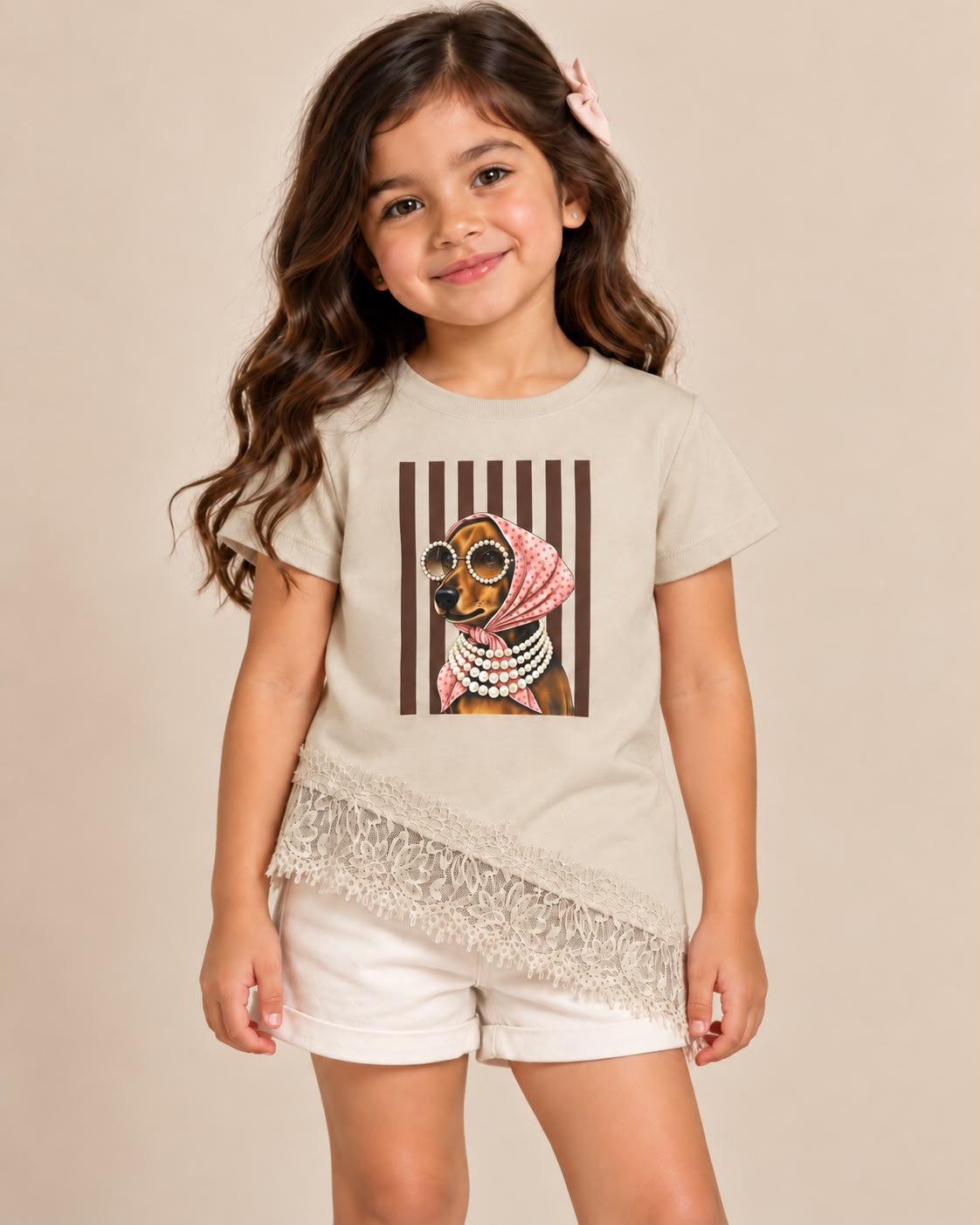 Blusa para Niña con Encaje Asimétrico y Estampado de Perrita Fashion | Manga Corta | Casual y Moderna 🎀🐶