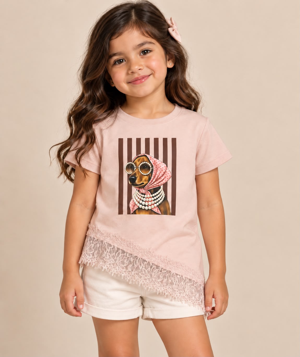 Blusa para Niña con Encaje Asimétrico y Estampado de Perrita Fashion | Manga Corta | Casual y Moderna 🎀🐶
