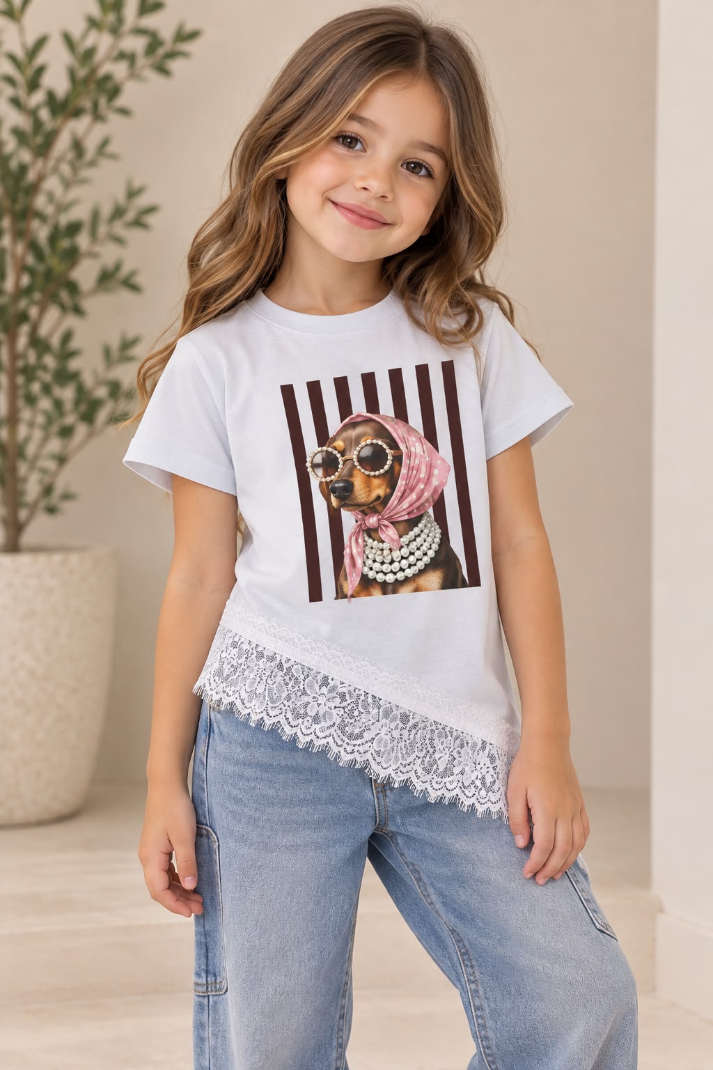 Blusa para Niña con Encaje Asimétrico y Estampado de Perrita Fashion | Manga Corta | Casual y Moderna 🎀🐶