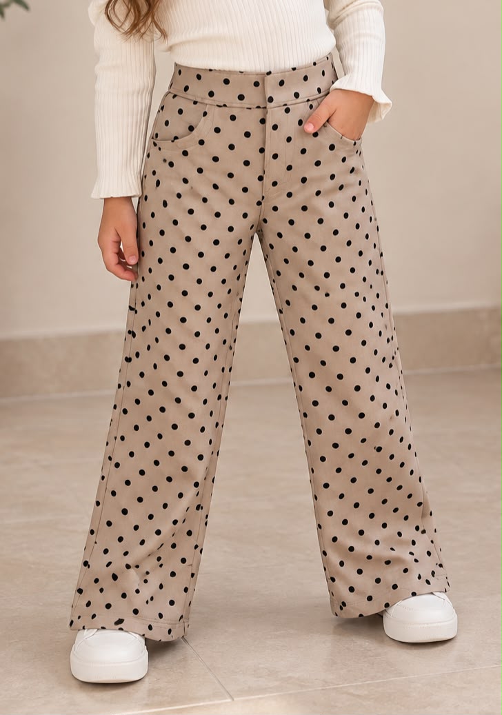 Pantalón Wide Leg para Niña con Lunares Negros ✨ Tiro Alto, Pierna Ancha, Elegante y Moderno