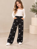 Pantalón Wide Leg para Niña con Moñitos Bordados 🎀 | Pierna Ancha, Tiro Alto y Diseño Moderno