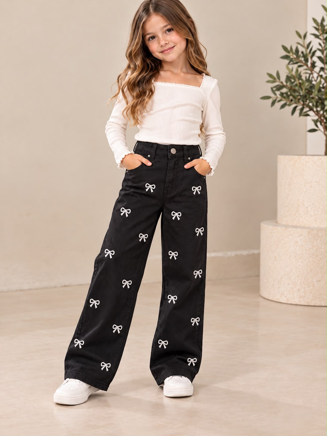 Pantalón Wide Leg para Niña con Moñitos Bordados 🎀 | Pierna Ancha, Tiro Alto y Diseño Moderno