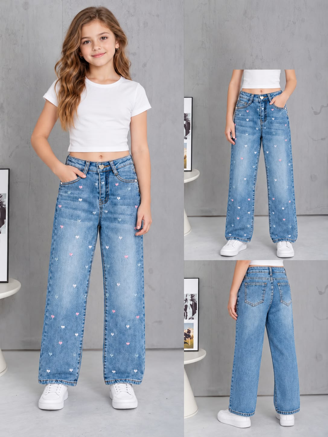 Jeans Wide Leg para Niña con Corazones Bordados 💗 | Pantalón de Mezclilla Holgado