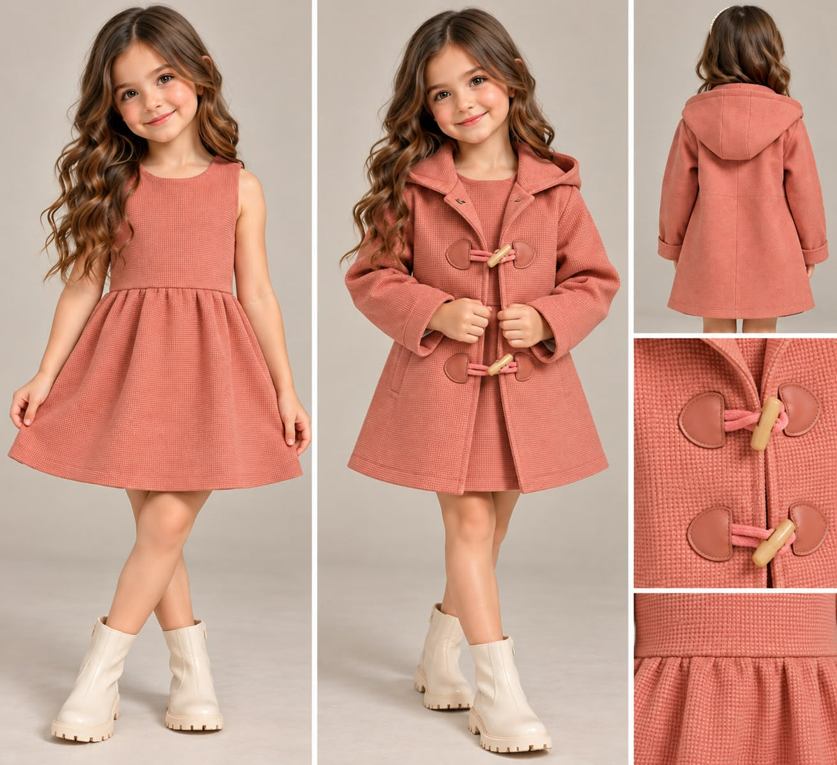 💕 Conjunto para Niña de 3 Piezas | Vestido y Abrigo con Capucha y Broches Elegantes ✨