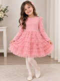 Vestido Elegante para Niña con Falda de Tul en Capas, Manga Larga y Detalles Brillantes 🎀