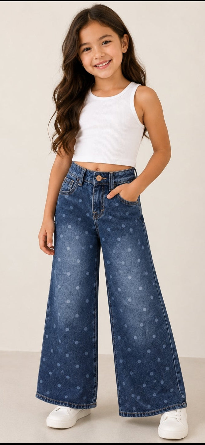Jeans Anchos de Mezclilla con Estampado de Lunares