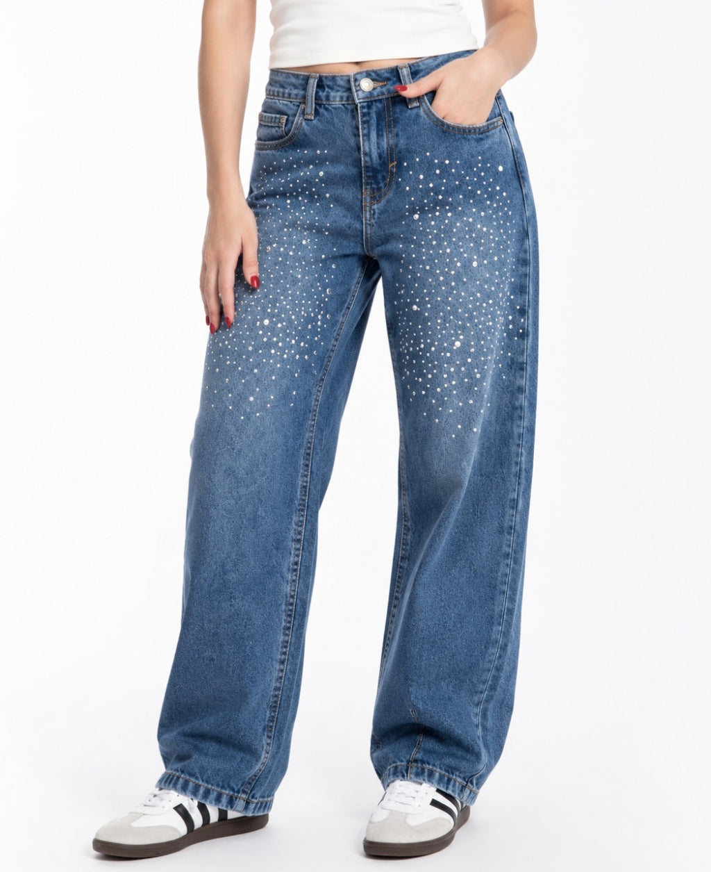 Jeans Barrel de Tiro Alto con Pedrería Brillante y Detalle en Tobillo para niña